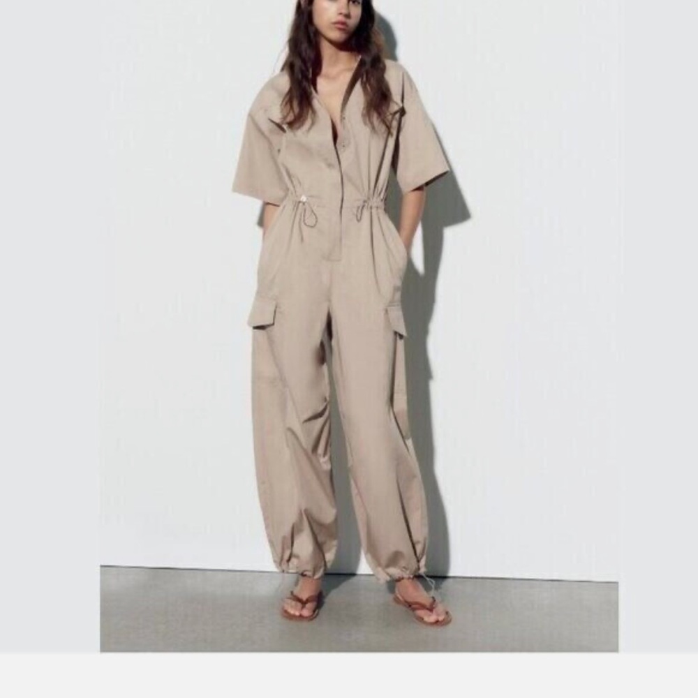 Zara Beige Utility Jumpsuit